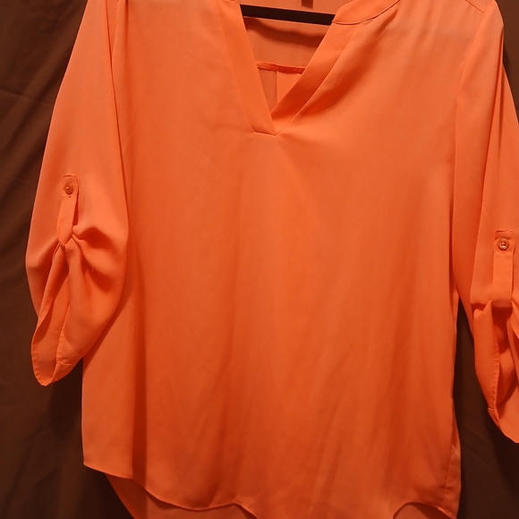 Chaus Tops - Chaus Orange V-Neck Blouse with Roll-Tab Sleeves